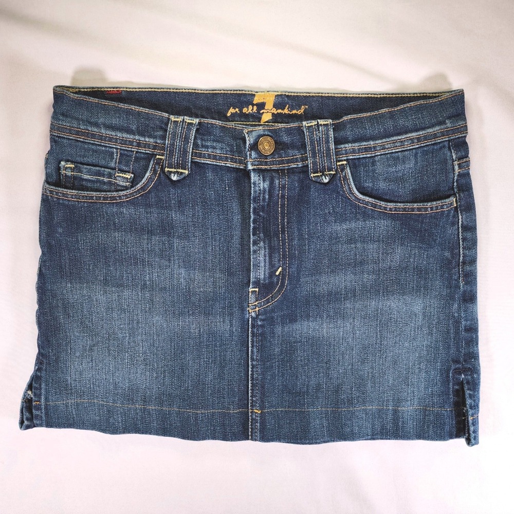 7 For All Mankind Denim Mini Skirt Dark Wash Squiggle Pocket 28 EUC